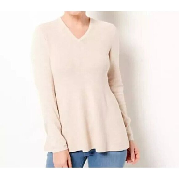 NWT Isaac Mizrahi V-Neck Shaker Stitch Swing Sweater Sz L Heather Beige Knit - Picture 1 of 9
